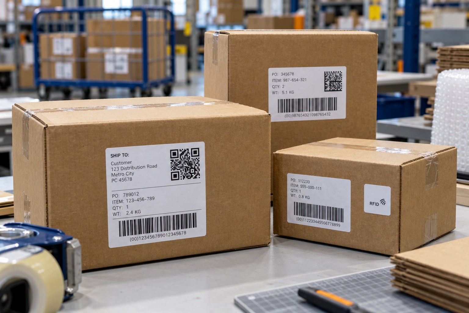 Sealed shipping cartons on a dispatch bench with illustrative linear barcodes, QR and DataMatrix codes, and an RFID smart label.