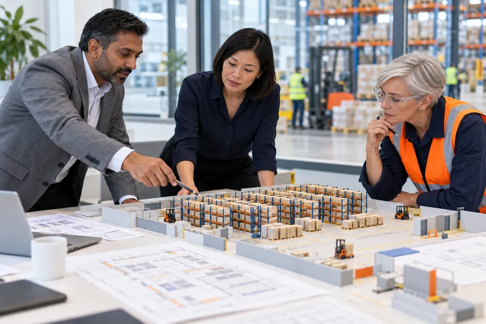 Colleagues assessing a warehouse layout change