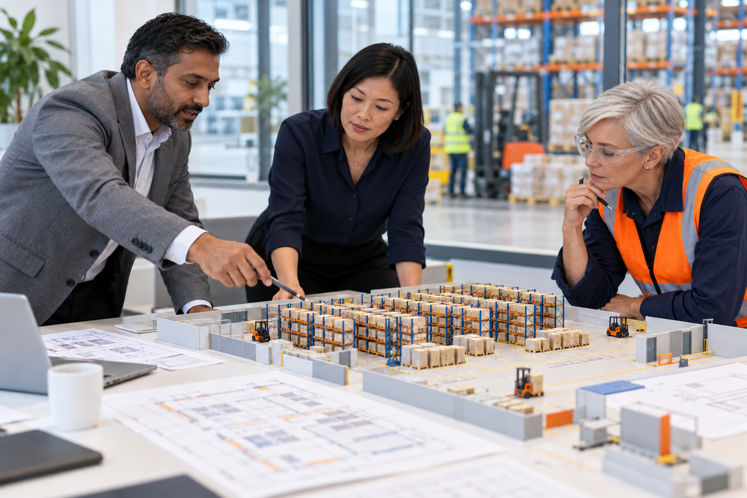 Colleagues assessing a warehouse layout change