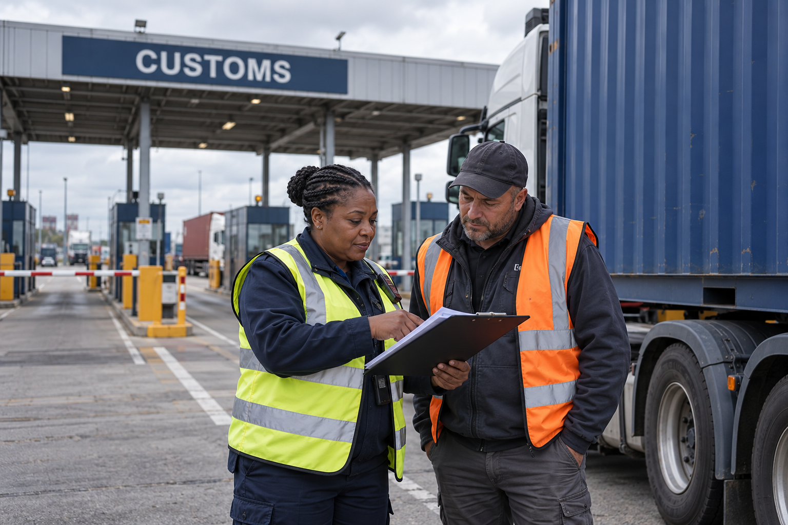 Customs officer and freight driver checking shipment paperwork beside a container lorry at a customs checkpoint