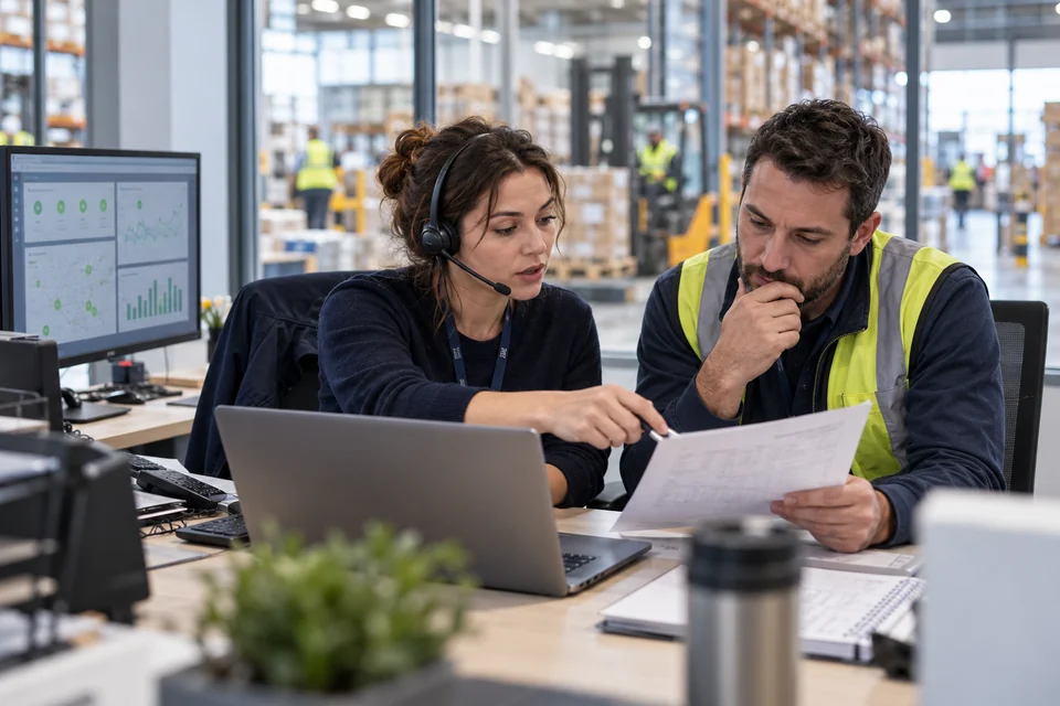 A customer-service colleague wearing a headset reviews a delivery order with a warehouse colleague beside a dashboard with green indicators.