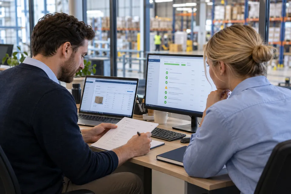 Two colleagues compare a manual test script with automated test results for a warehouse receiving system.