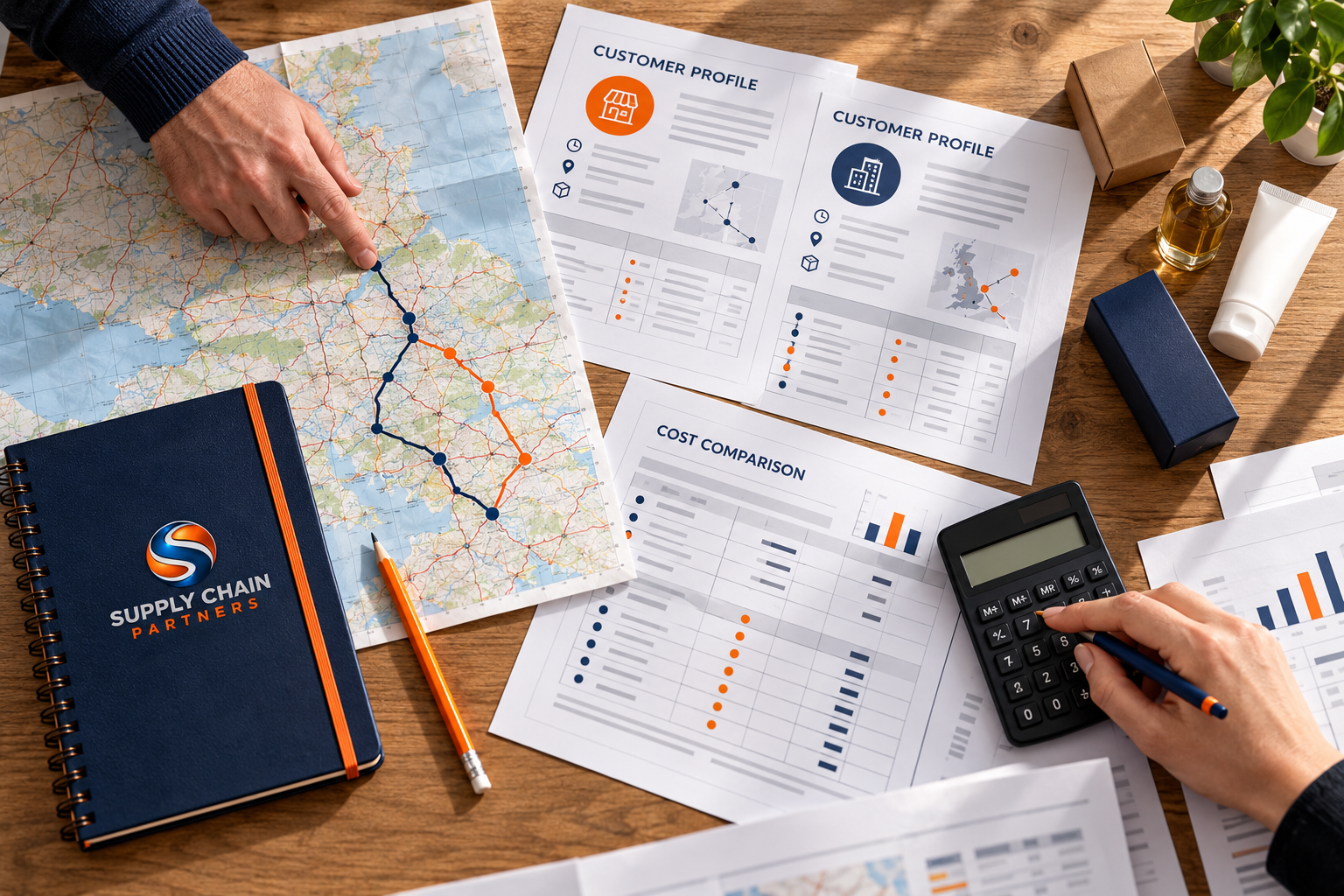 Hands comparing customer profiles, delivery routes and costs on a planning table.