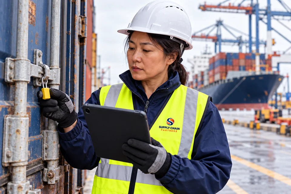 A port colleague comparing a container seal with shipping information on a tablet.