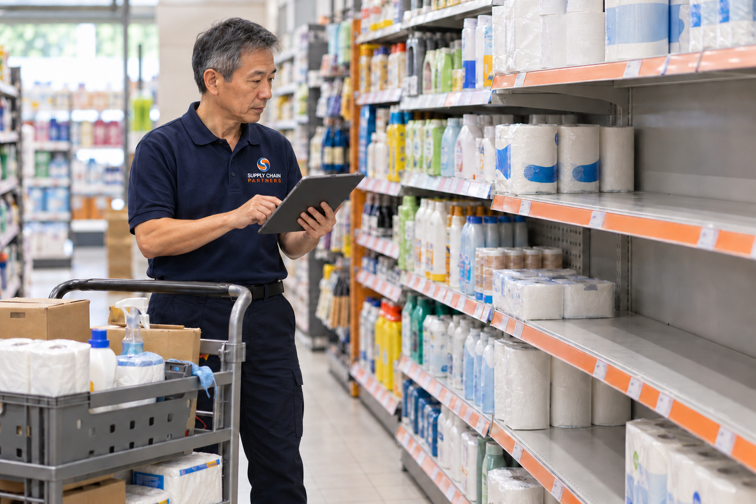 A retail colleague reviewing shelf gaps with a tablet and replenishment trolley.