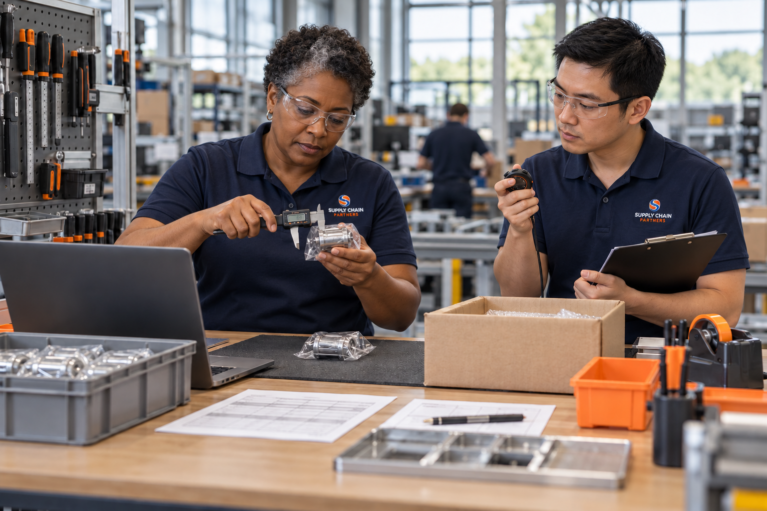 Colleagues measuring a component and timing a packing task at a workbench.