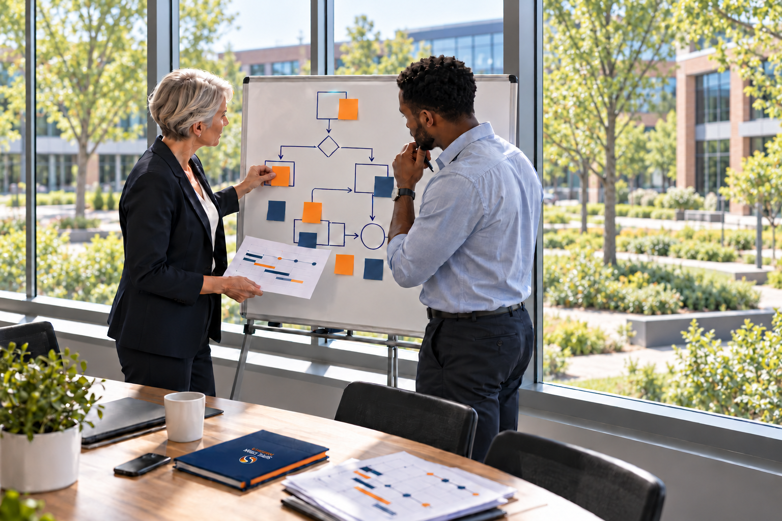 Two analysts comparing a process map and event timeline in an office workshop.