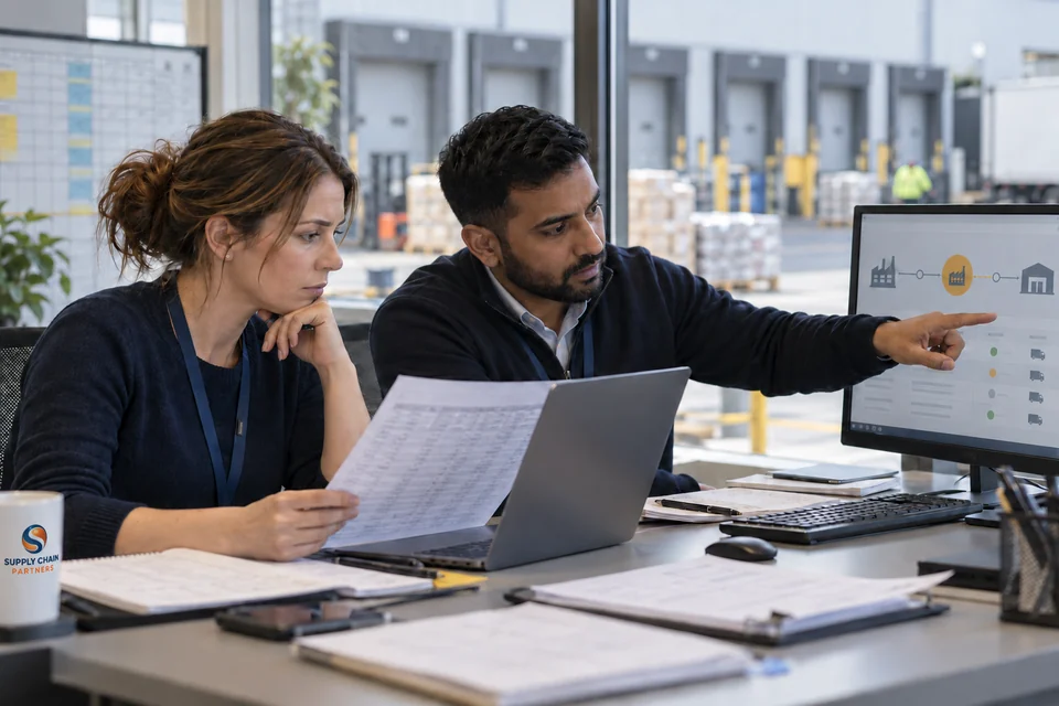 Two supply-chain planners review customer orders during a supplier connection outage, with an SCP-branded cup on the desk.