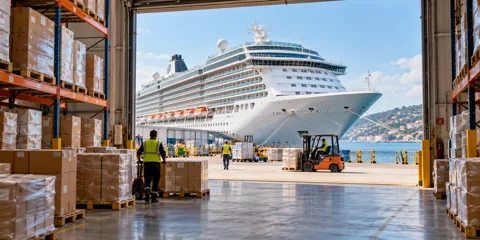 Illustrative cruise ship docked outside a warehouse loading bay with pallets and handling operations