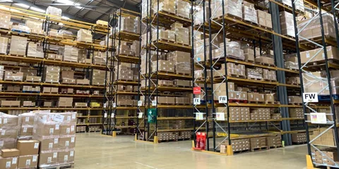 Warehouse racking and stored goods in a footwear distribution centre