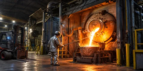 Illustrative metal refinery hall with a circular furnace pouring molten metal into a crucible