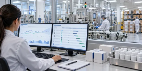 Illustrative pharmaceutical forecasting and inventory planning workstation overlooking medicine manufacturing and stock storage