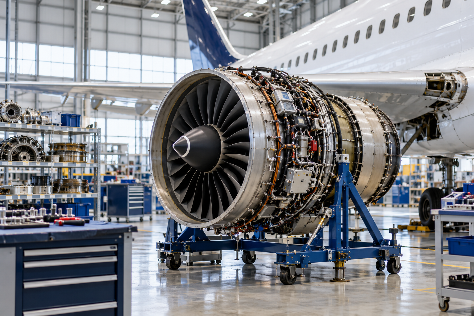 Civil aircraft engine maintenance in an aircraft hangar