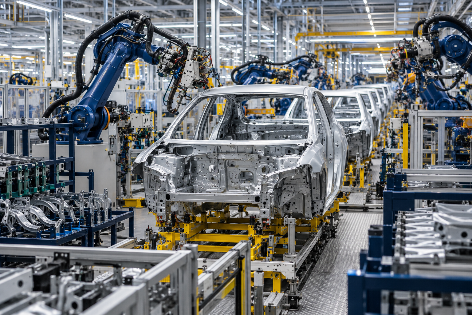 Automotive body assembly line with industrial robots