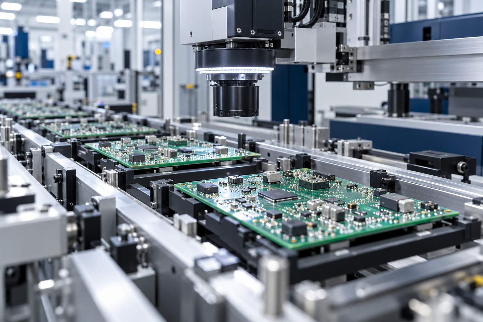 Circuit boards passing through electronics inspection equipment